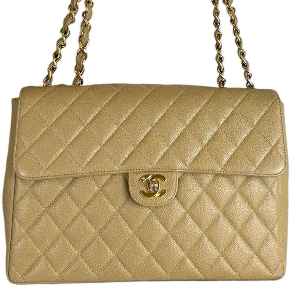 CHANEL Beige Quilted Jumbo Classic Caviar Single Flap Handbag with Gold Hardware